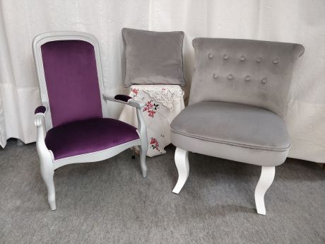 Fauteuil Voltaire enfant - Tissu Camengo  et fauteuil cocktail - Tissu THEVENON